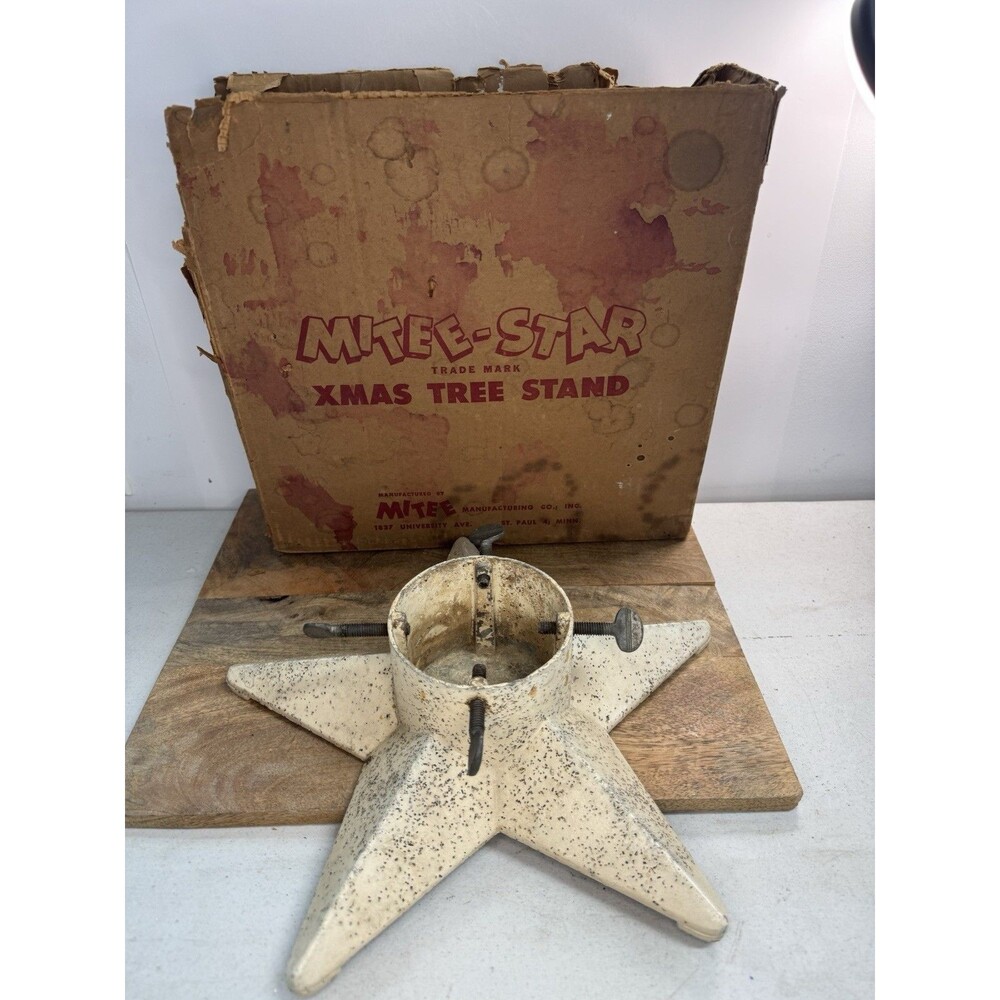 Vintage Christmas Tree Stand Star Shape Glitter Mitee Metal White USA Orig Box